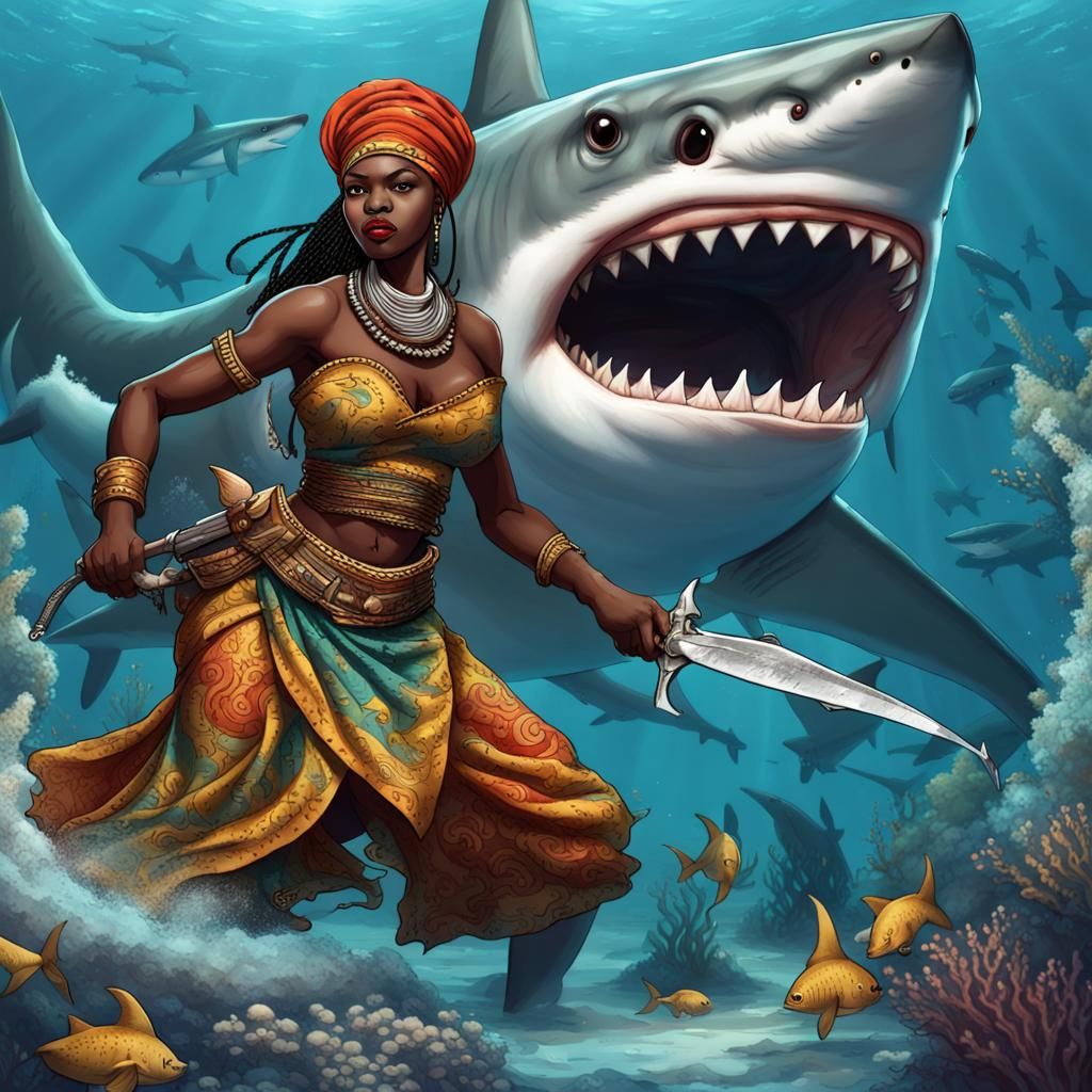 African Warrior Woman Versus Shark Underwater