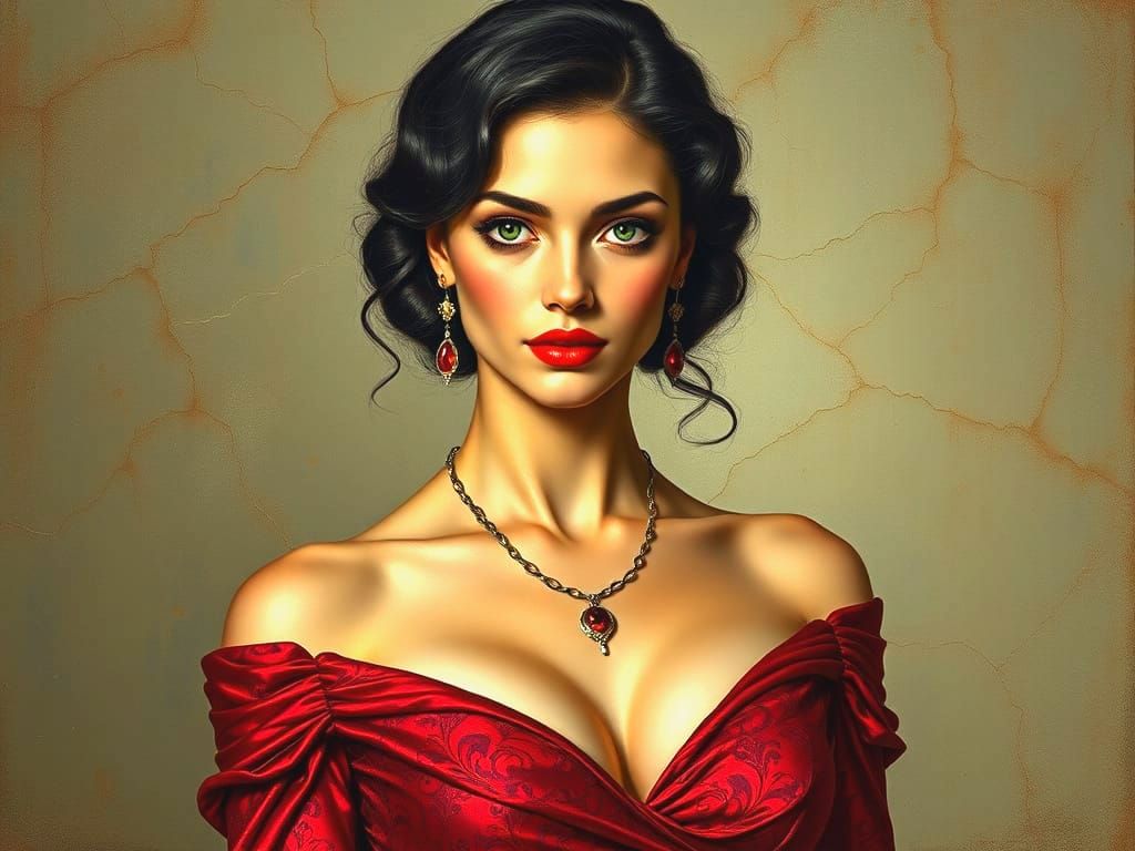 Green-Eyed Brunette in Red Dress with Rubies