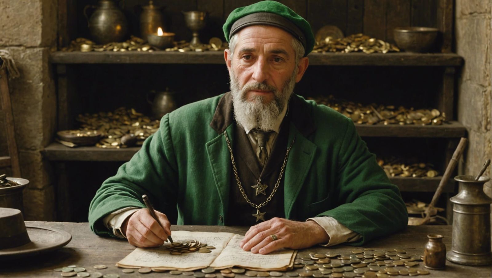 Medieval Jewish Shop Owner with Coins and Parchments