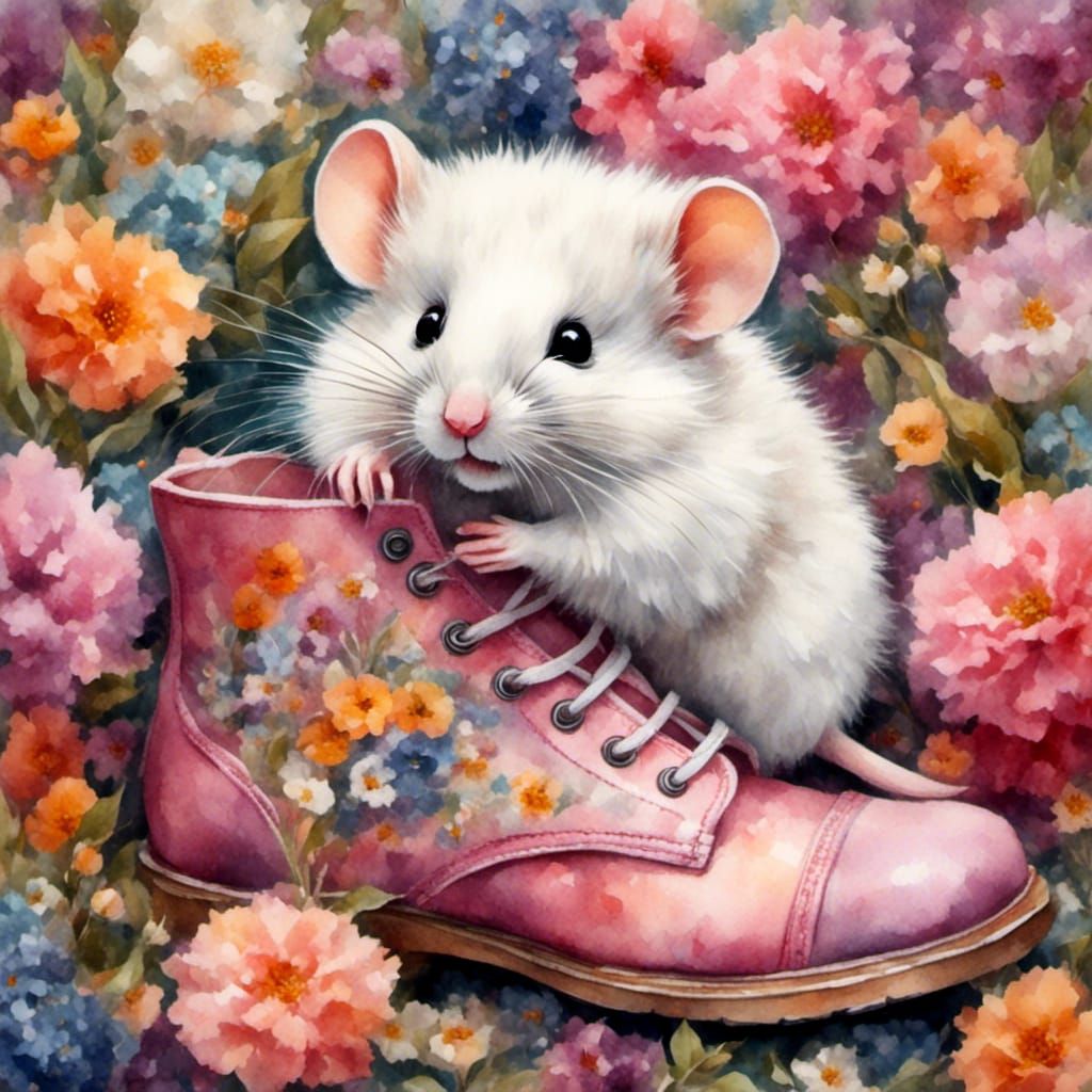 Fluffy Mouse Peeks Out From Pink Boot, Watercolor