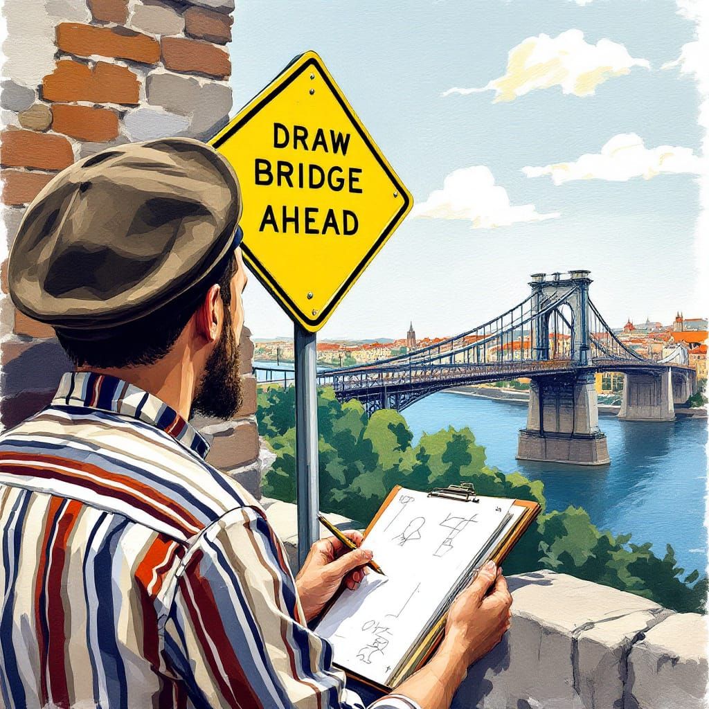 Artist Beside Draw Bridge Sign in Geometric Style