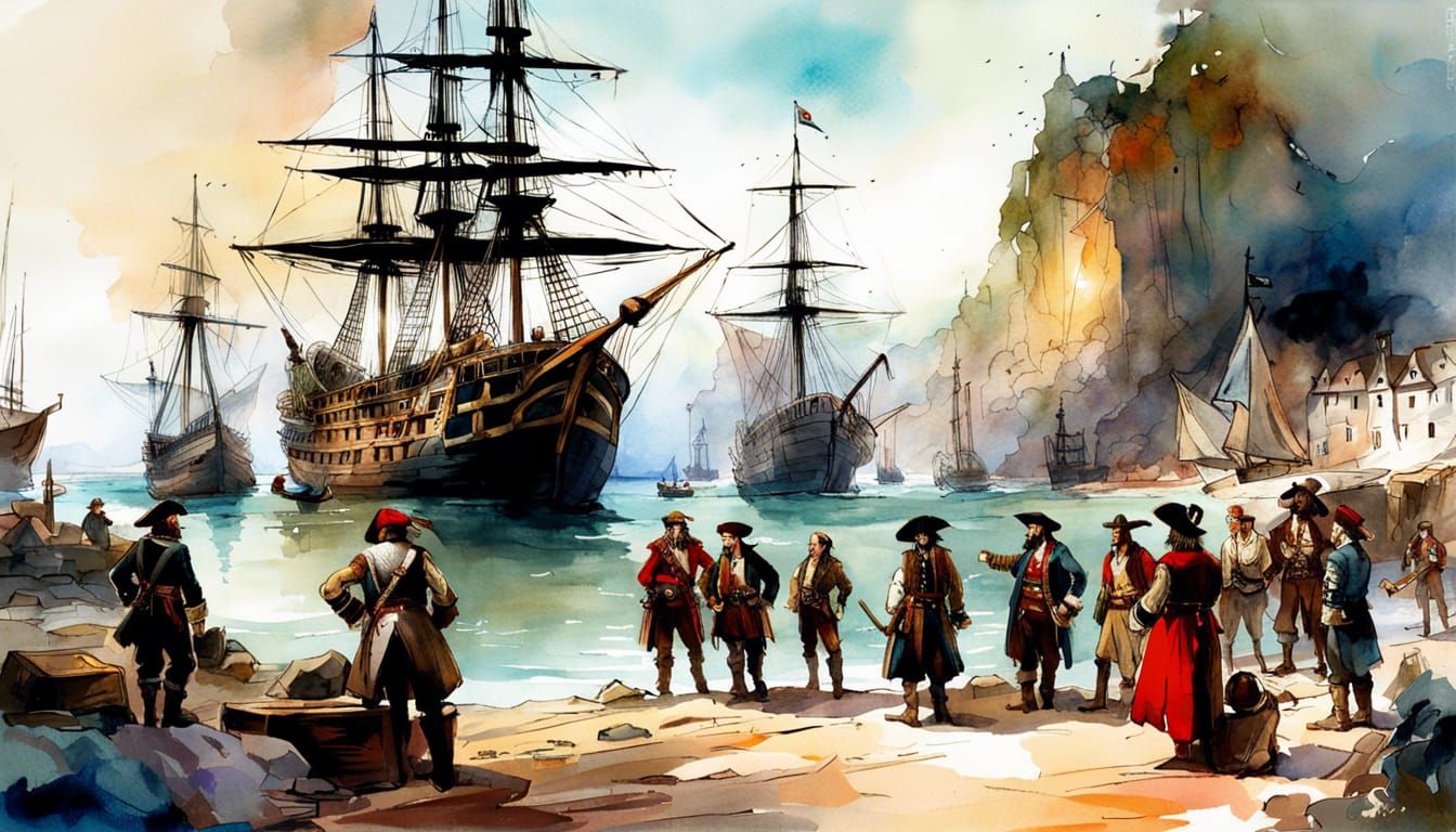 Pirate Meeting in Harbour: Watercolour Painting
