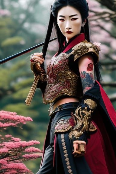 Demonic Samurai Woman with Cherry Trees
