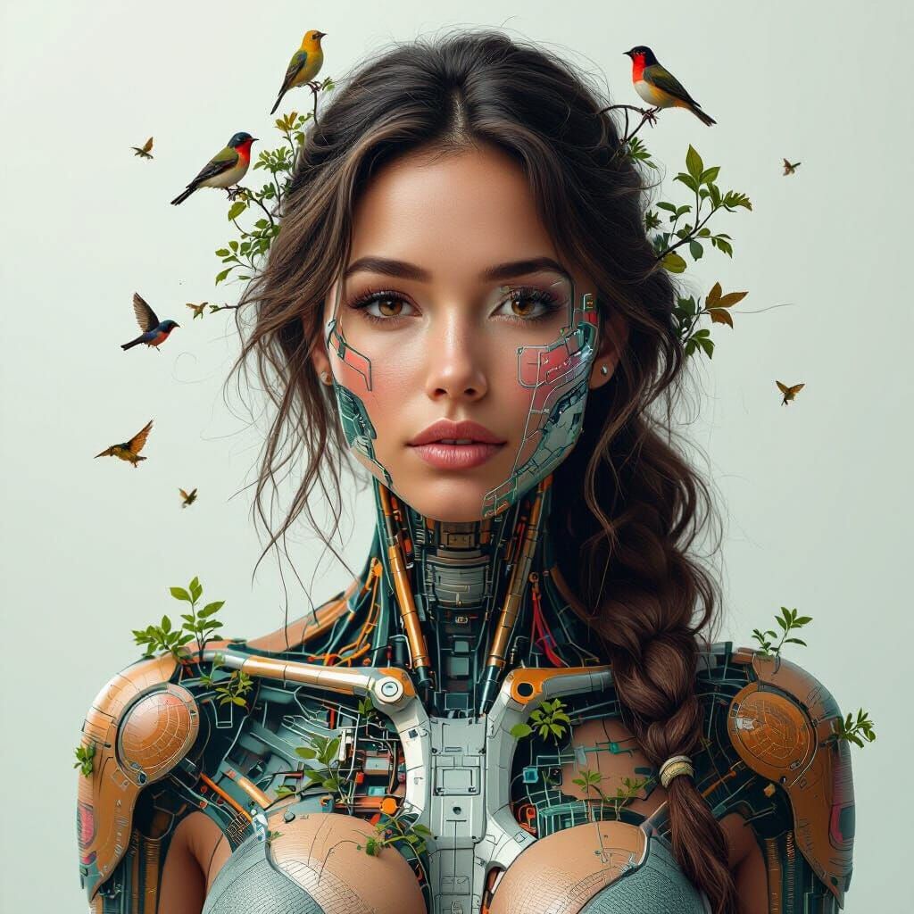 Biomechanical Woman with Tech Branches and Internal Ecosyste...
