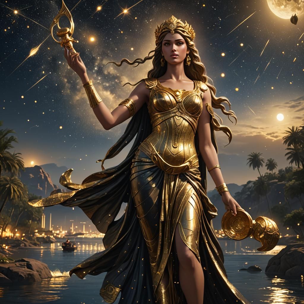 Aphrodite, Olympian Goddess, in the Nile at Night