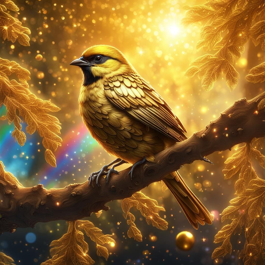 Golden Sparrow with Rainbow, Digital Art