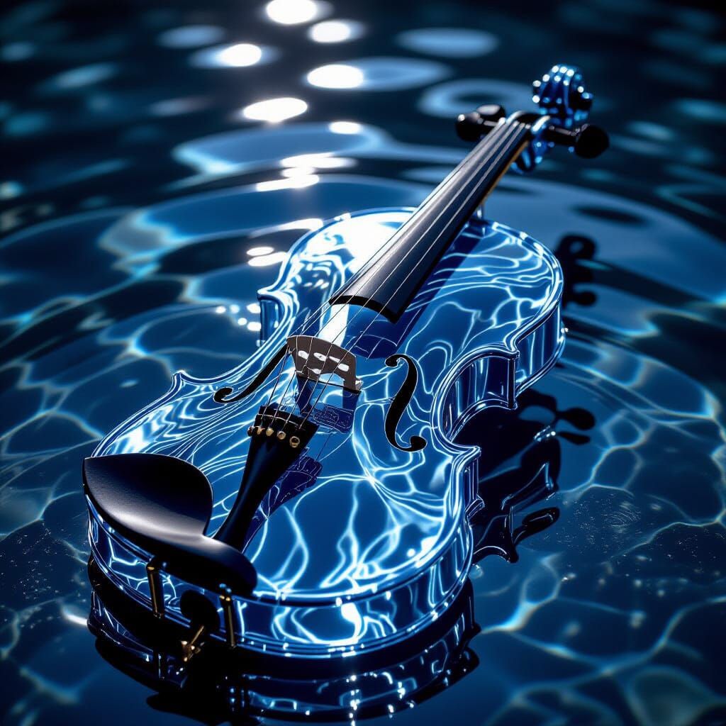 Crystal Water Violin with Silver Strings on Obsidian