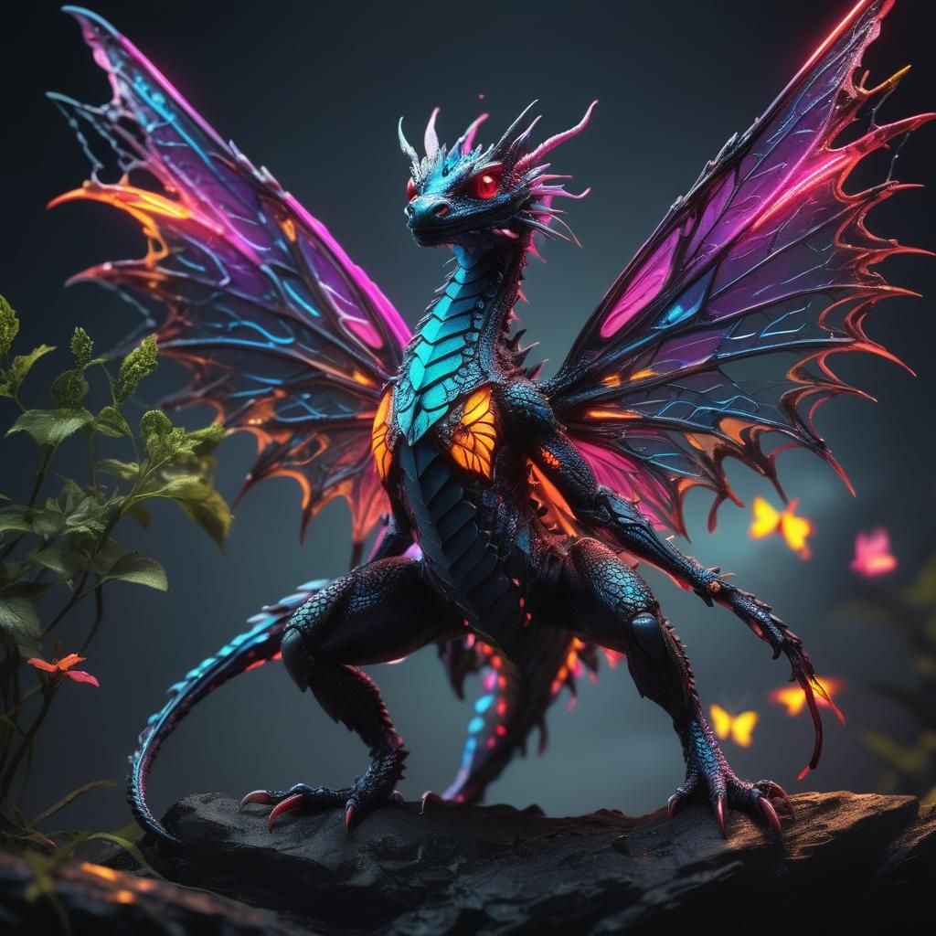 Micro Dragon with Neon Butterfly Wings in HDR