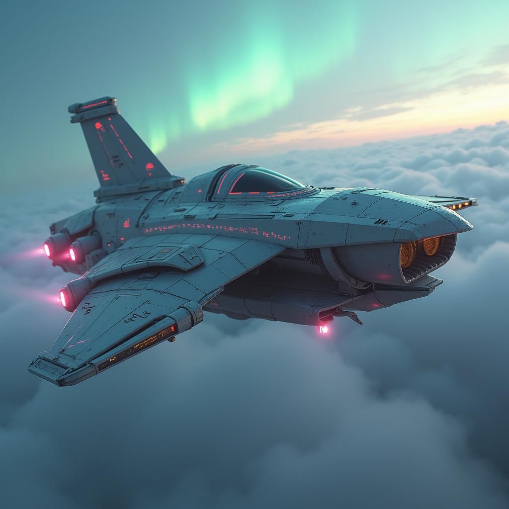 Futuristic Armored Ship Soaring Through Aurora Sky