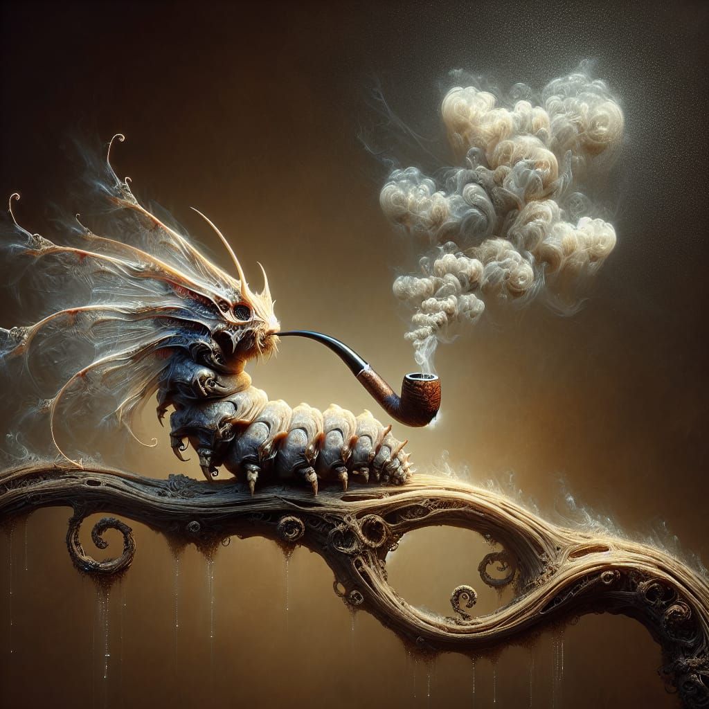 Fantasy Caterpillar Smoking Dragon Pipe on Branch