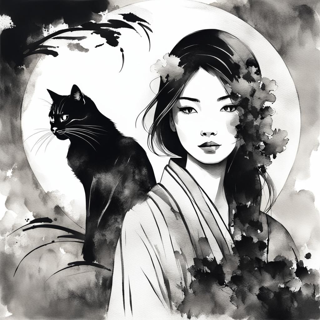 Woman and Cat in Sumi-e Style