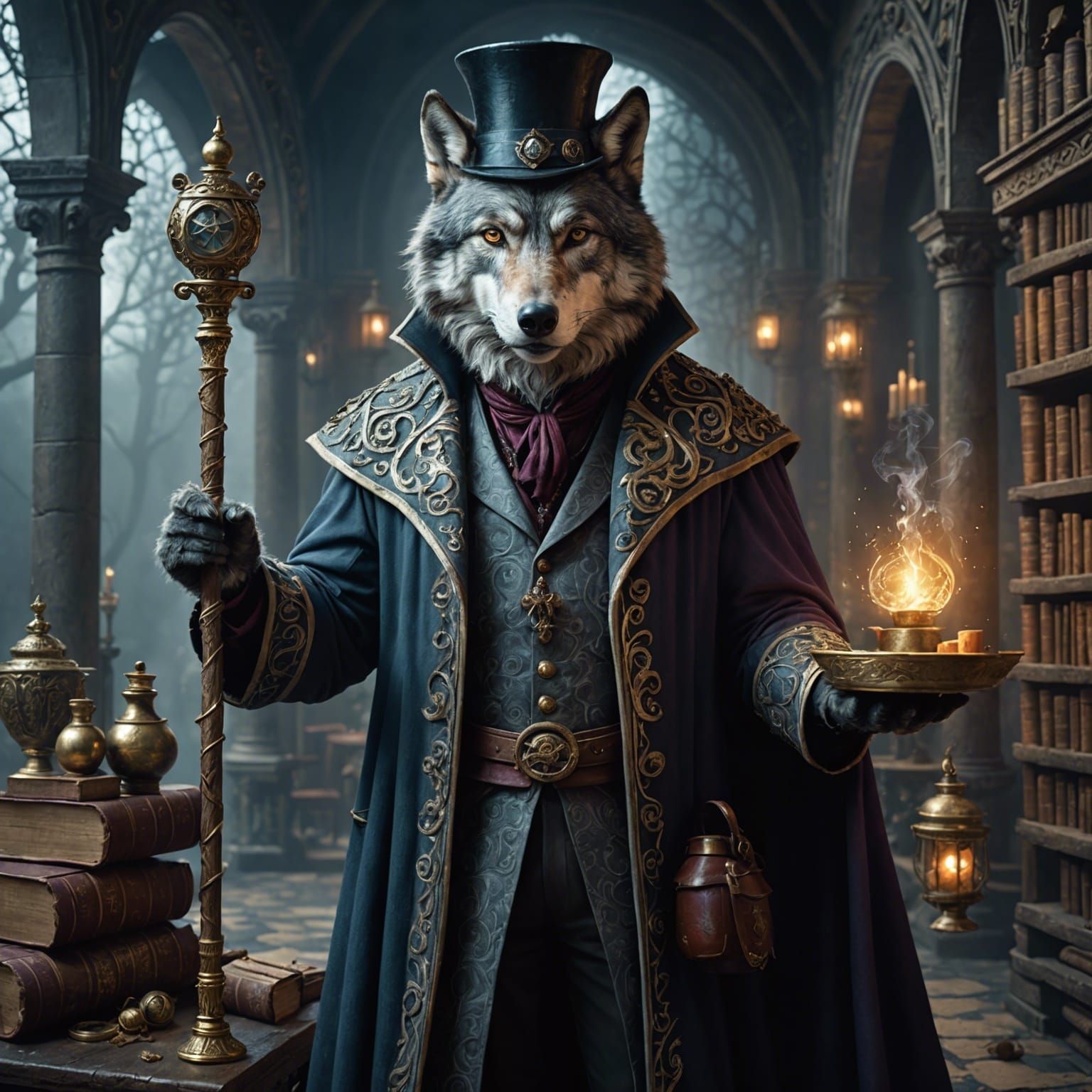 Magician Wolf with Scrolls and Potions