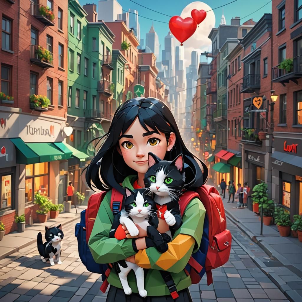 Girl Holding Cat in City Street as Low-Poly 3D Art