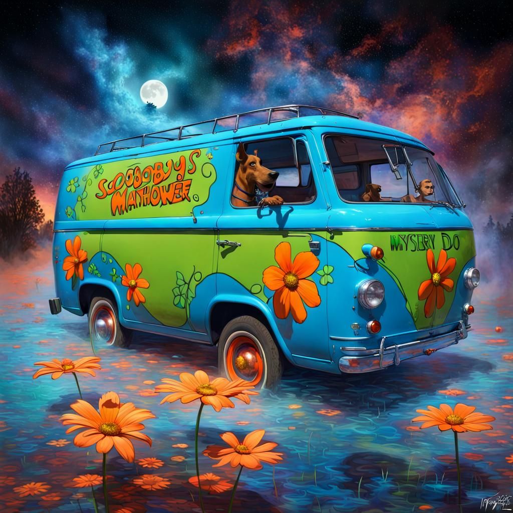 The Scooby-Doo "Mystery Machine" is a blue van painted with orange flowers and green details in 60's style, parked in ma...