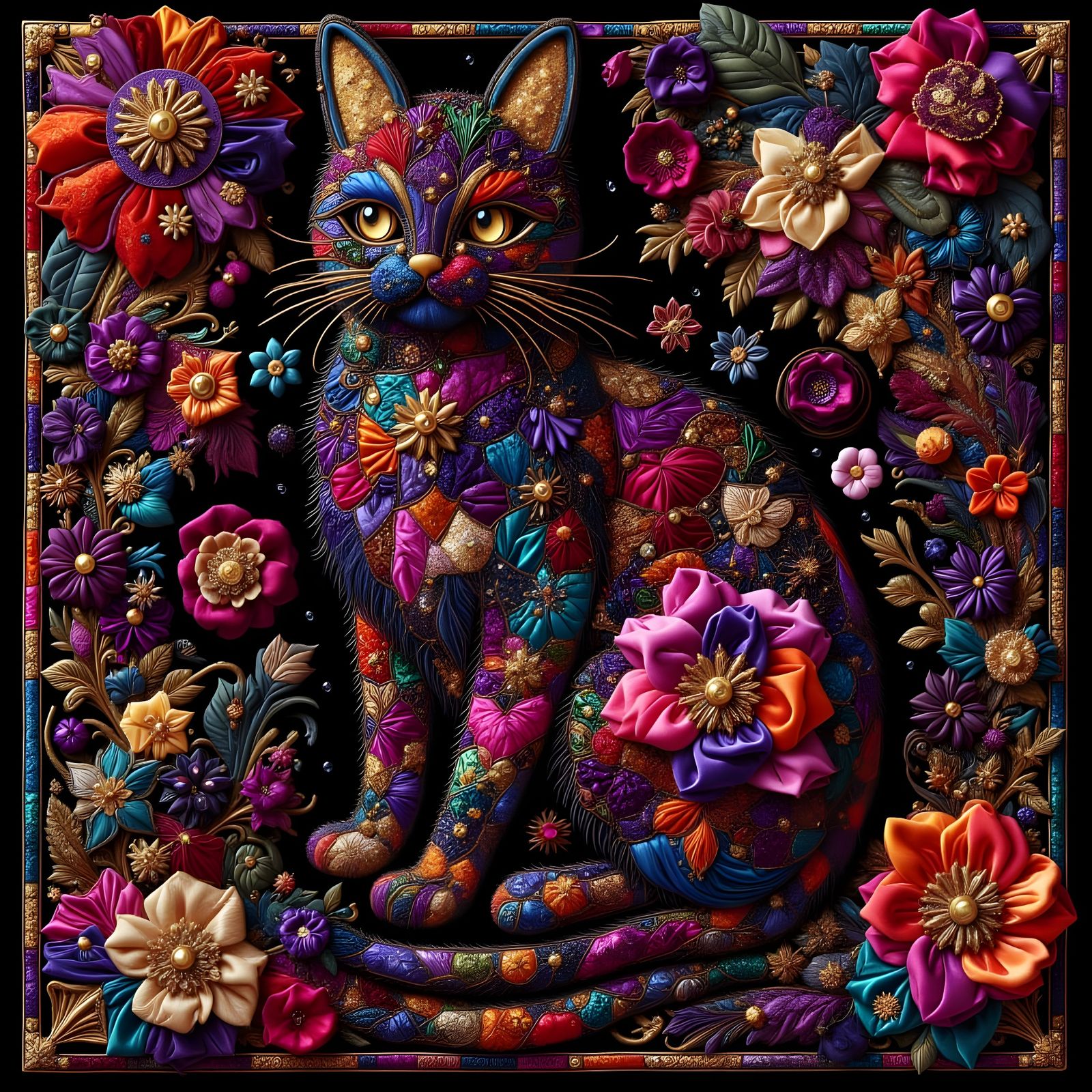 Close Up of a Crazy Quilted Cat at Night