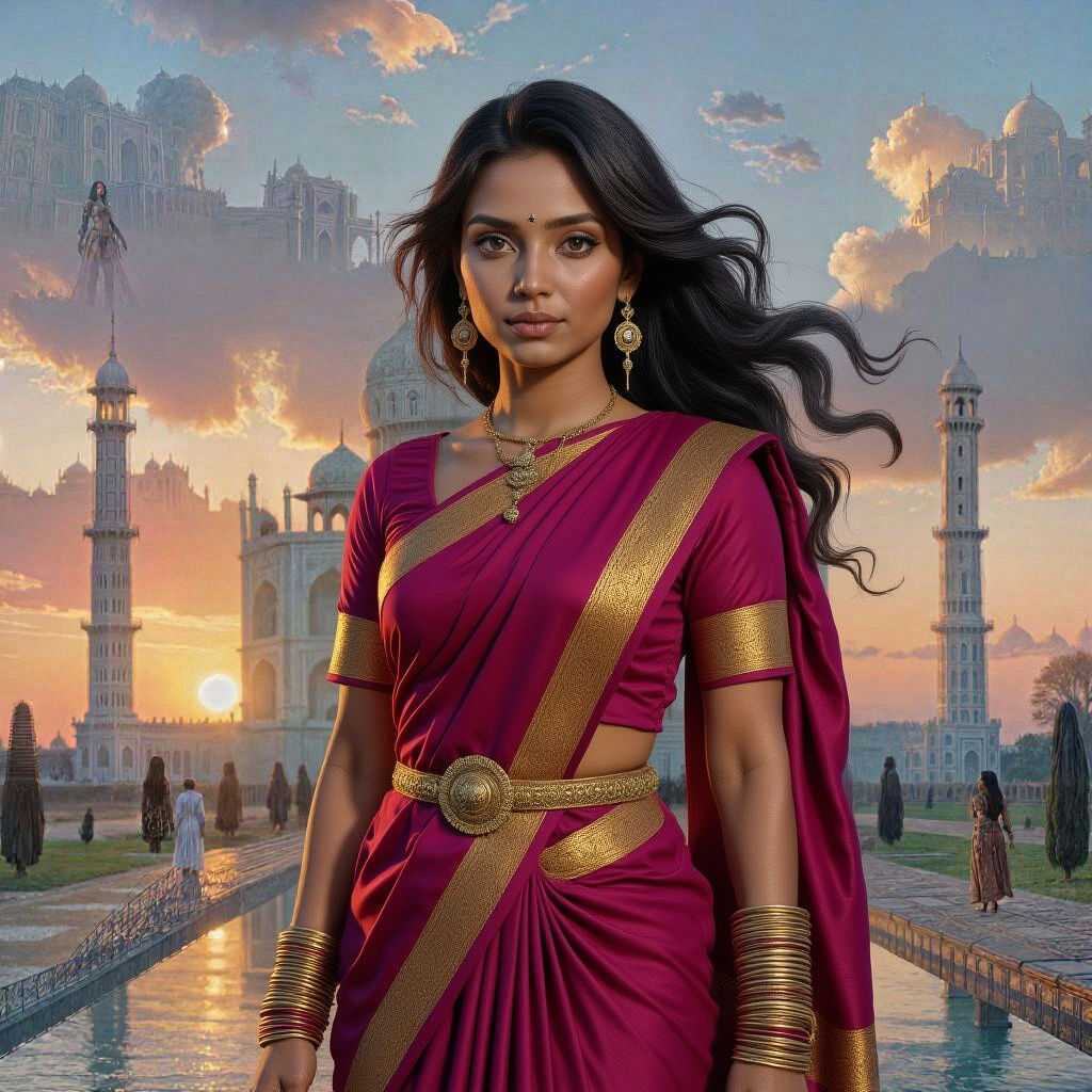 Steampunk Woman at Taj Mahal, Hyperrealistic Digital Art