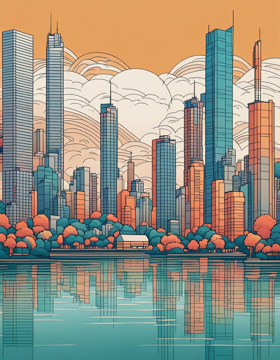 Minimalist Japandi Metropolis with Lake: Line Art Print