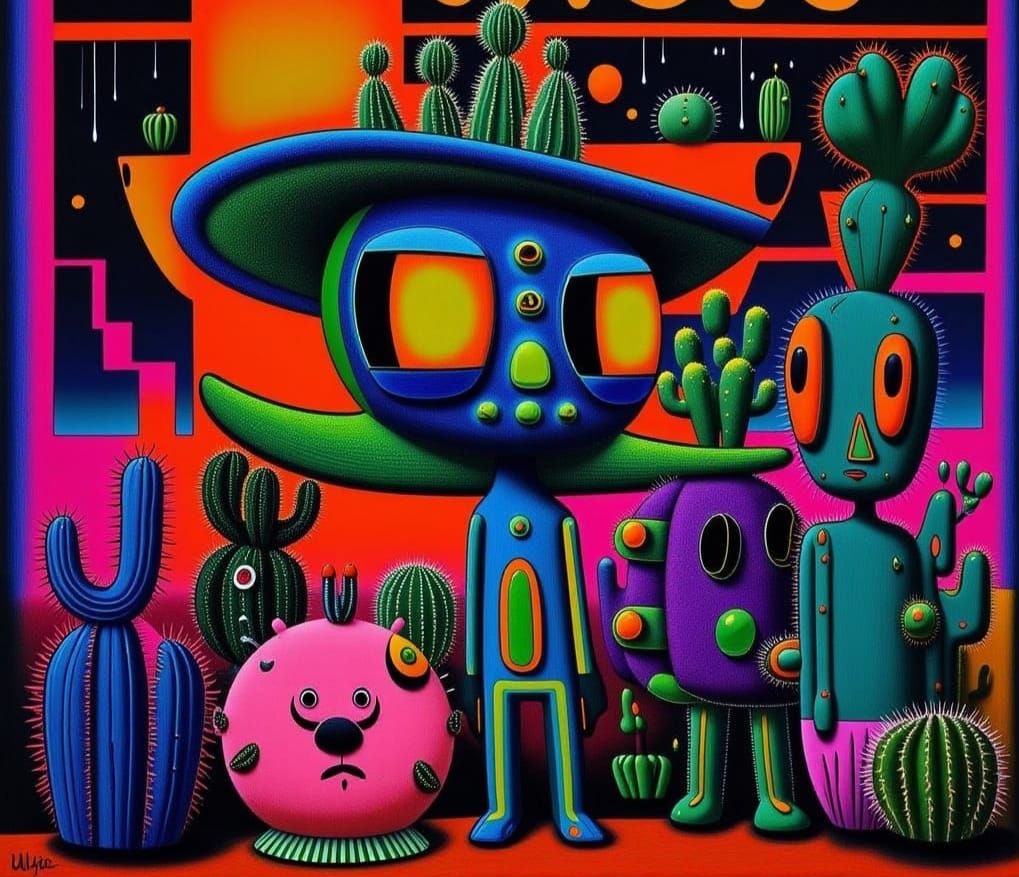 Neon Cactus People in Retro Synthwave Style