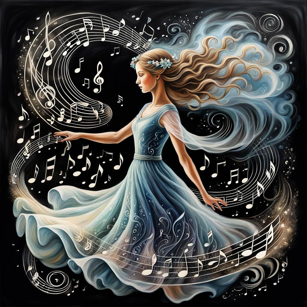 Ethereal Woman with Swirling Musical Notes in Chalk Art