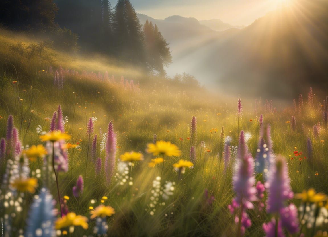 Sunlit Meadow of Wildflowers with Mountain Mist
