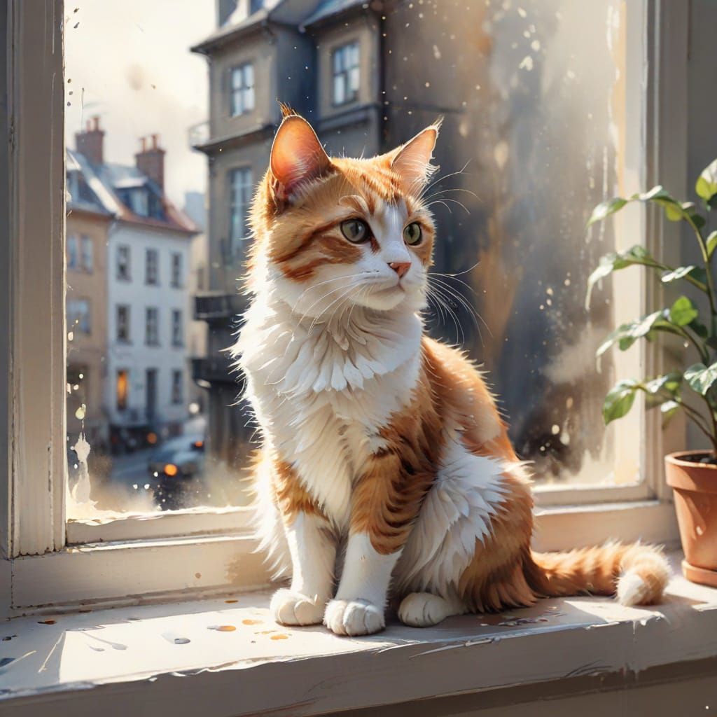 Stylized Watercolor Cat on Windowsill