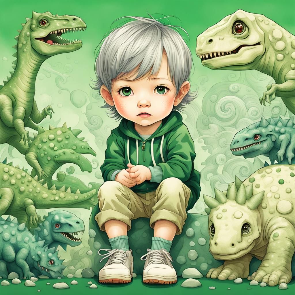 Chibi Toddler with Dinosaur Socks in Anime Style
