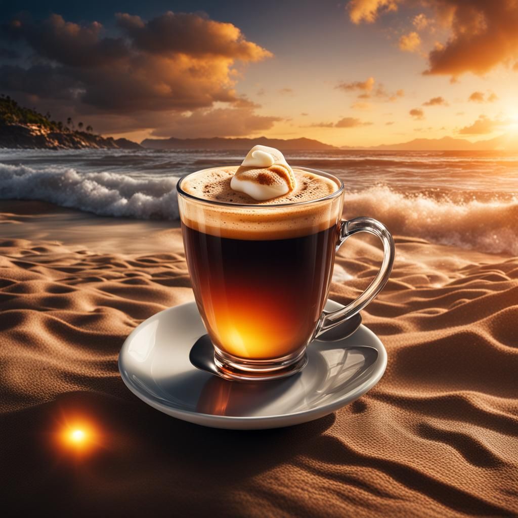 Sunset Beach Coffee: Hyperrealistic 64 Megapixel Photo