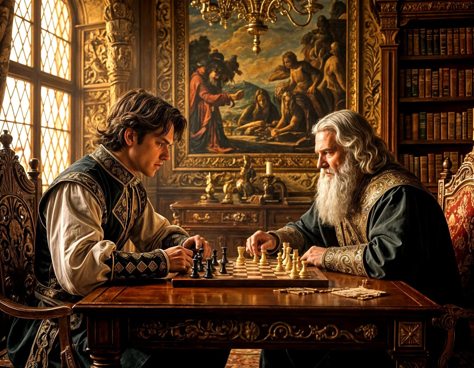Chess Match: Young Man and Renaissance Master in Digital Pai...