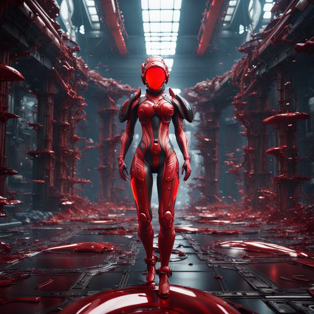 Anime Crimson Red Techno-Organic Biosuit: Detailed Matte Pai...