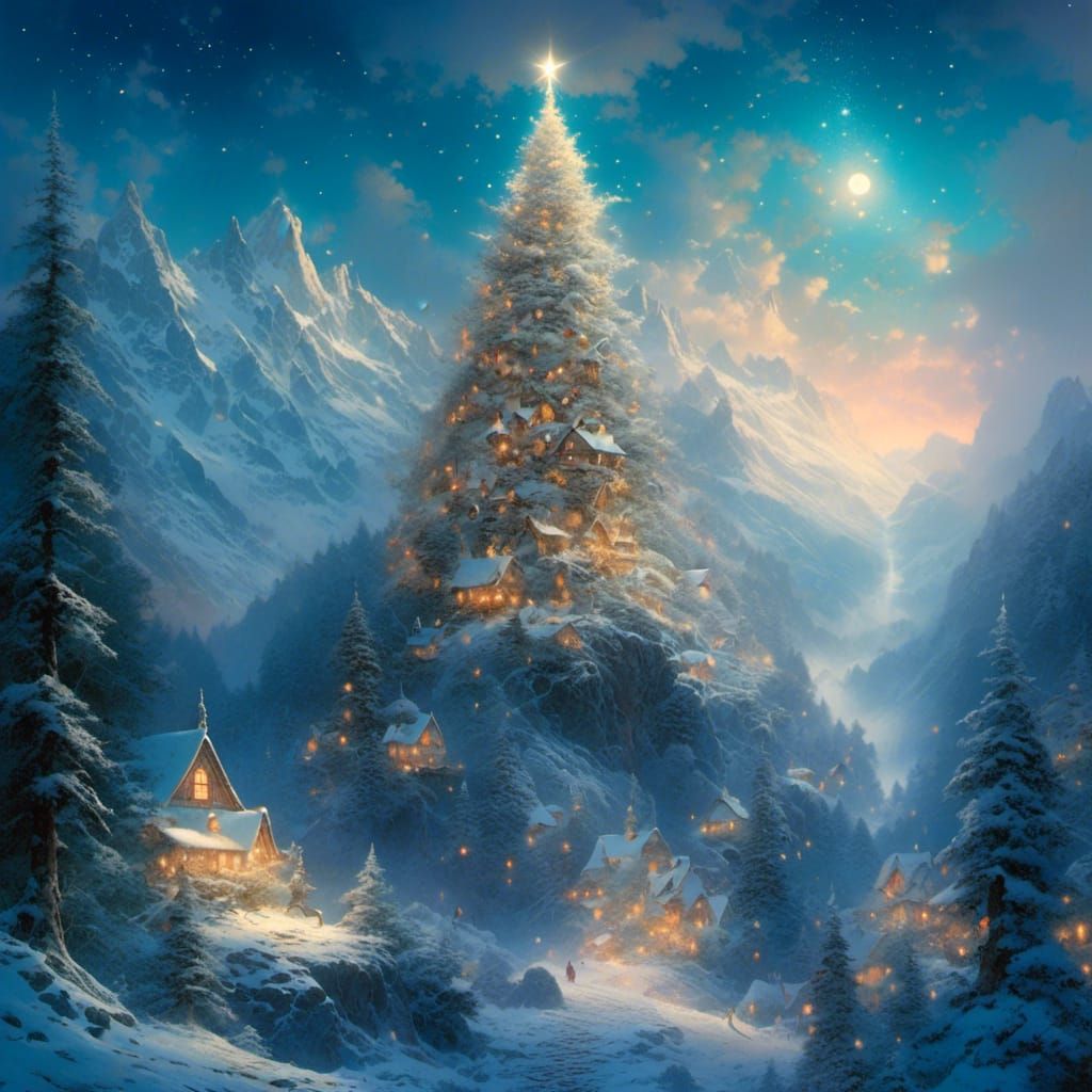 Enchanted Christmas Tree in Snowy Starry Night