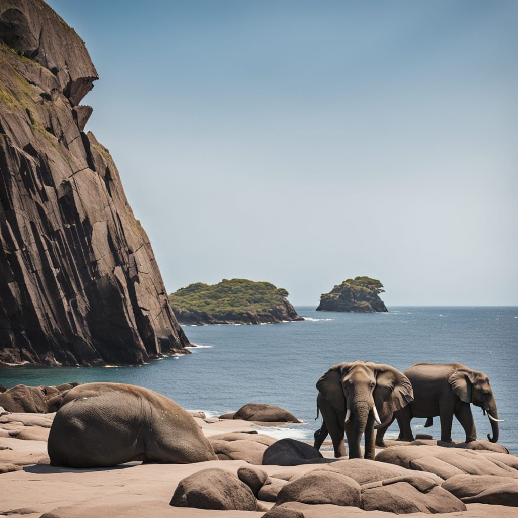 Elephants Resting on Rocks Overlooking the Sea