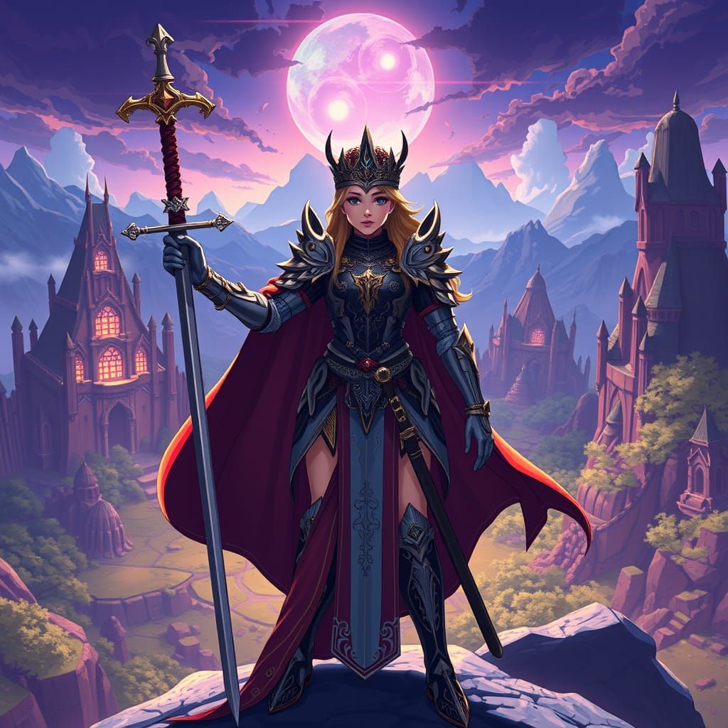 Anime Queen Surveys Mystical Lands in Cel-Shaded Style