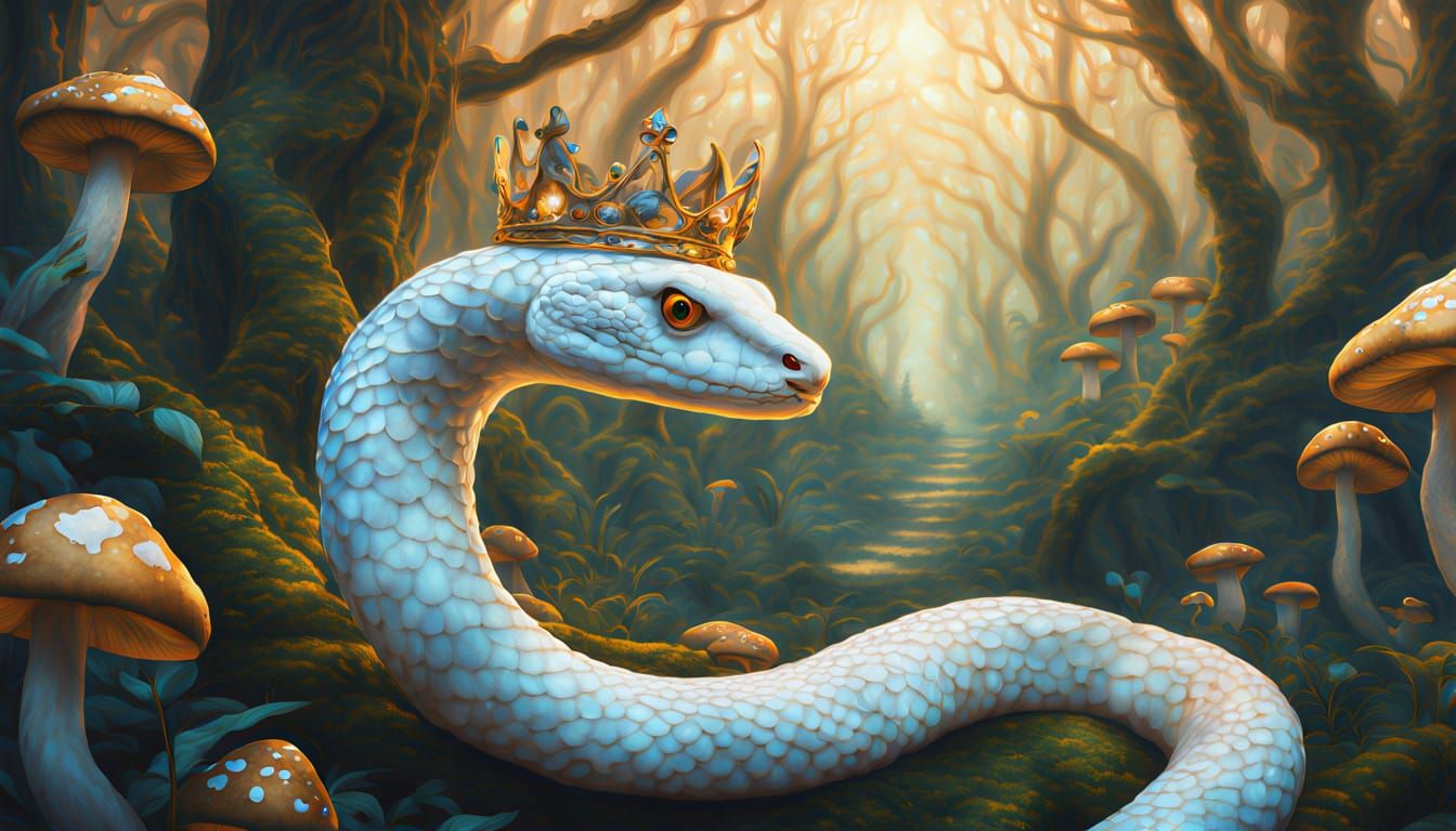 Surreal Fantasy Scene with White Snake in Mystical Forest