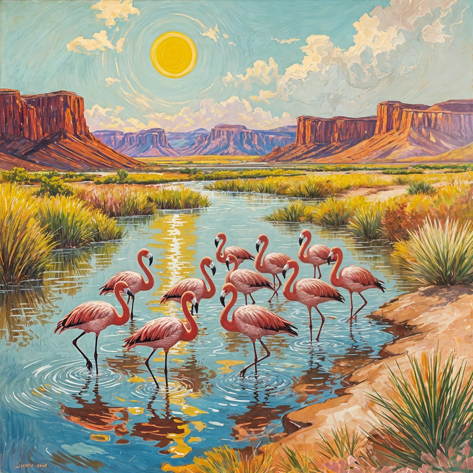 Vibrant Flamingos in Sun-Drenched Western River, Acrylic Sty...