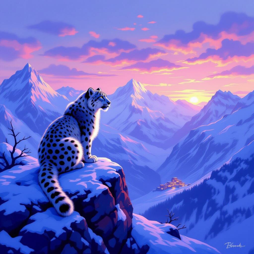 Snow Leopard at Dusk in Mountain Landscape