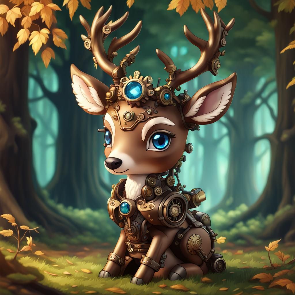 Chibi Steampunk Deer on a Tree Throne