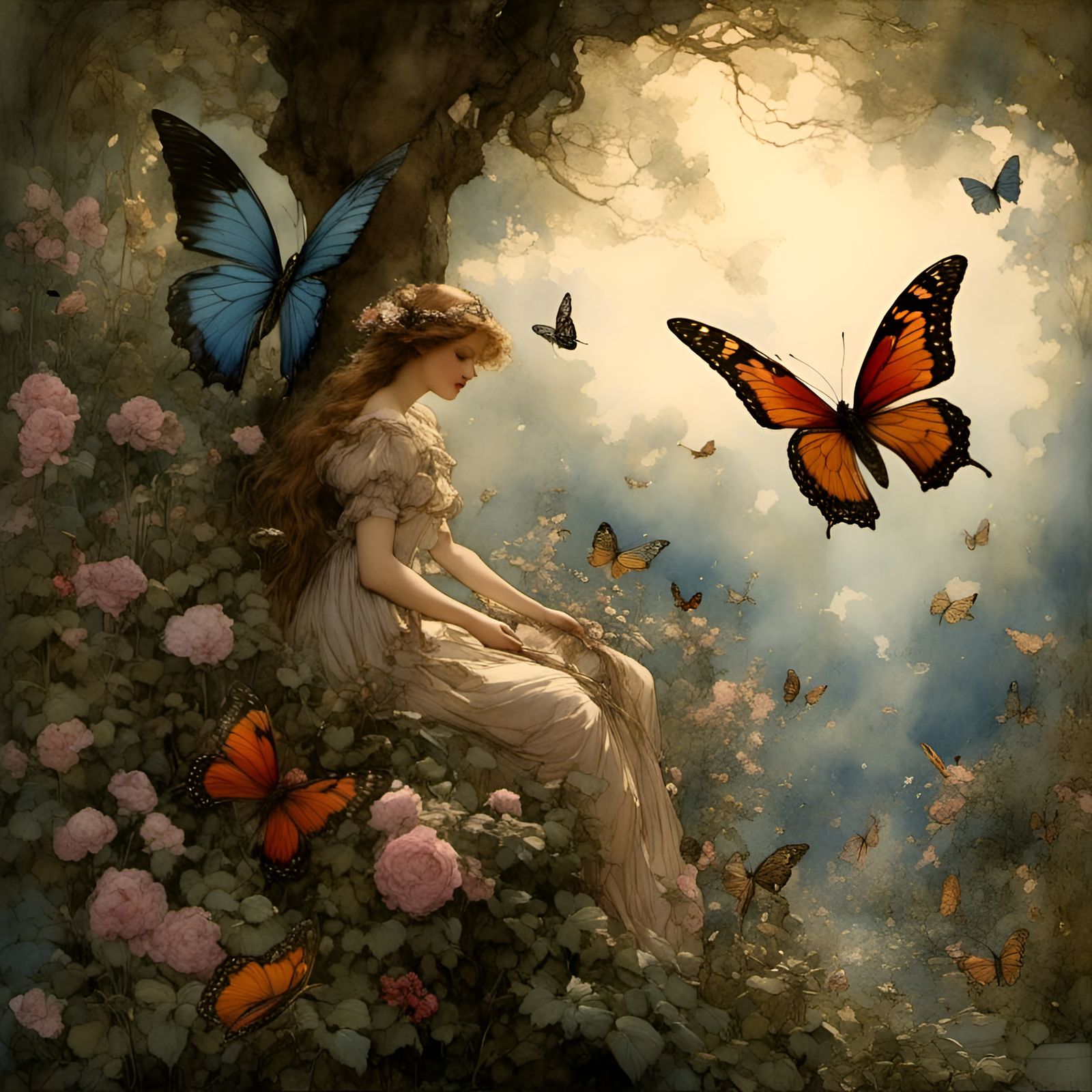 <lora:Pink Snow Watercol 1:1.0> Butterfly fairy in a butterf...