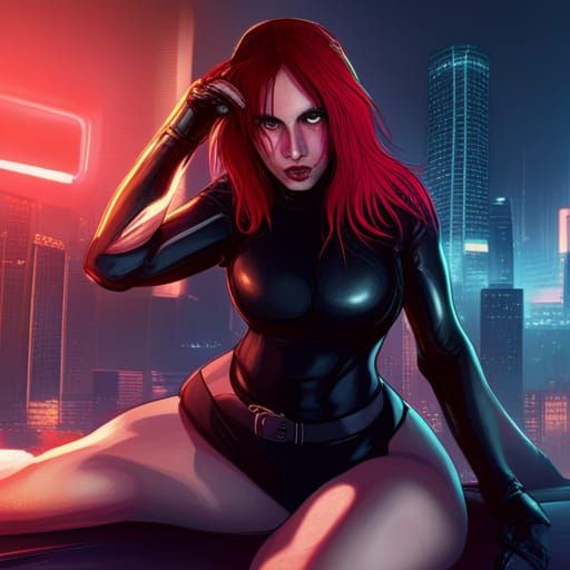 Voluptuous Woman in Cyberpunk Style With Red Hair