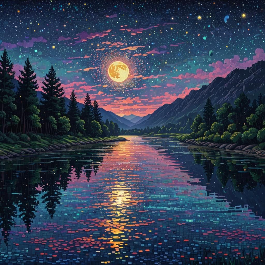 Pixel Art Moonlit River in Pointillism Style