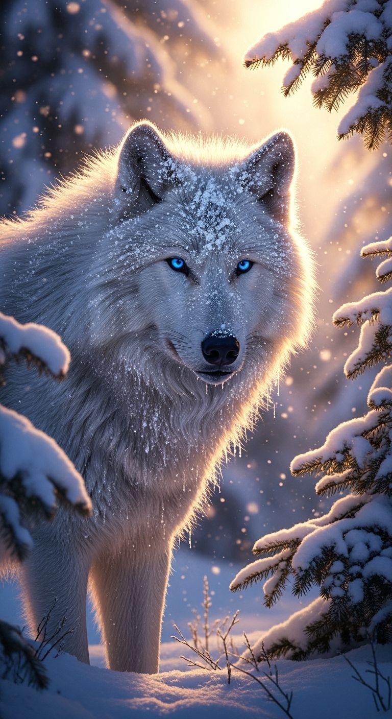 White Wolf with Blue Eyes in Snowy Forest