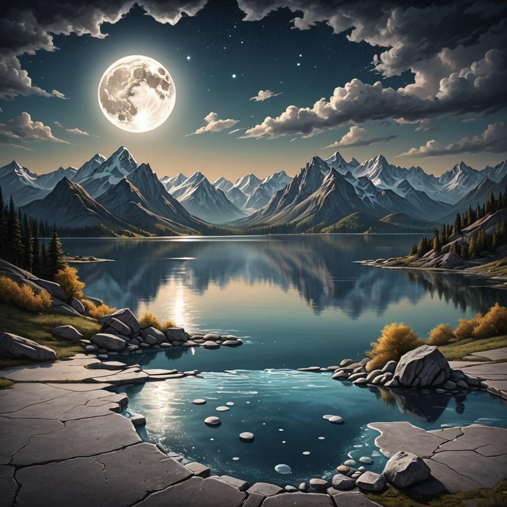 Realistic Chalk Art of Lake and Mountains