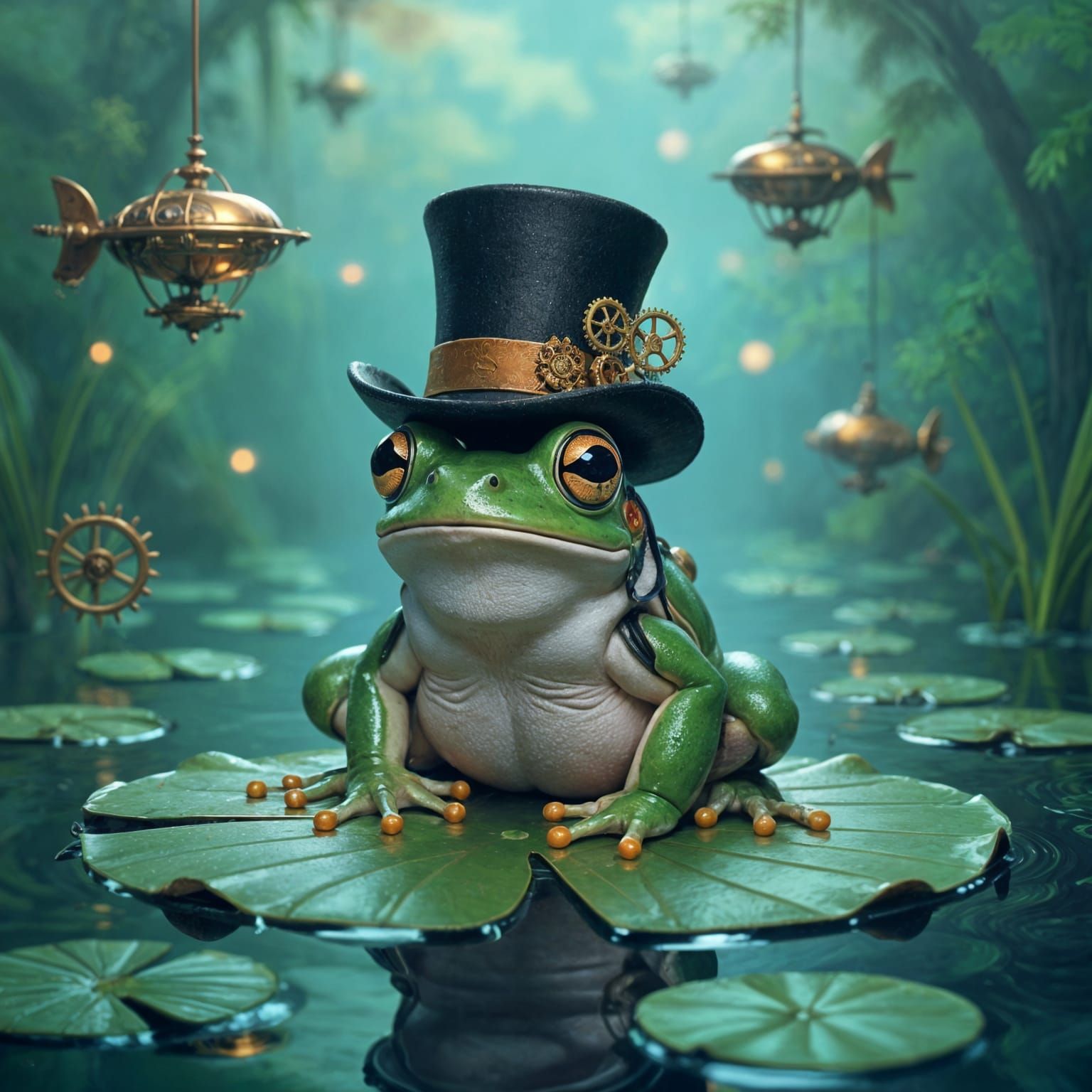 Bioluminescent Steampunk Frog in Surreal Pond