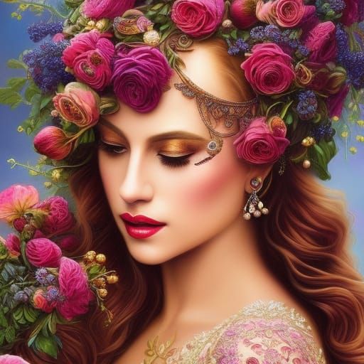 Art Nouveau Portrait of Woman with Flowers and Fruit