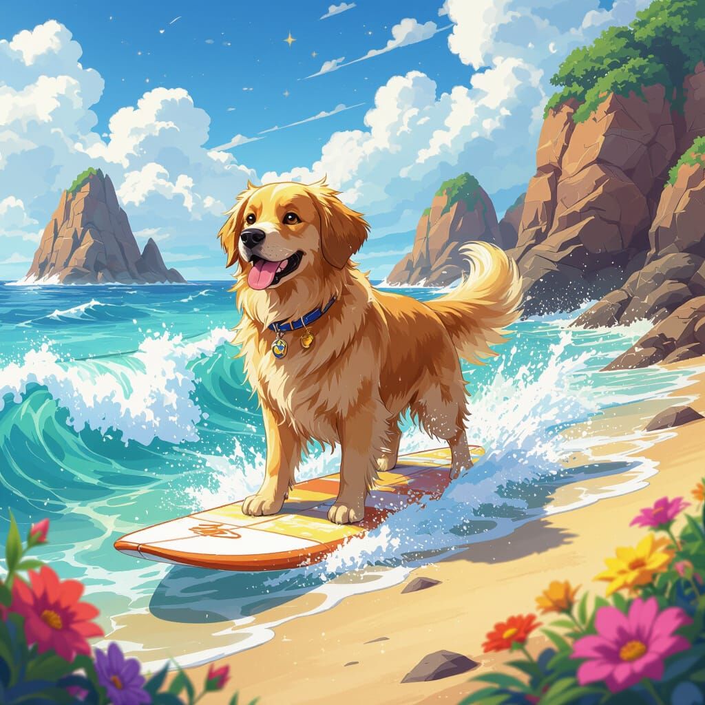 Golden Retriever Surfing in Anime Style