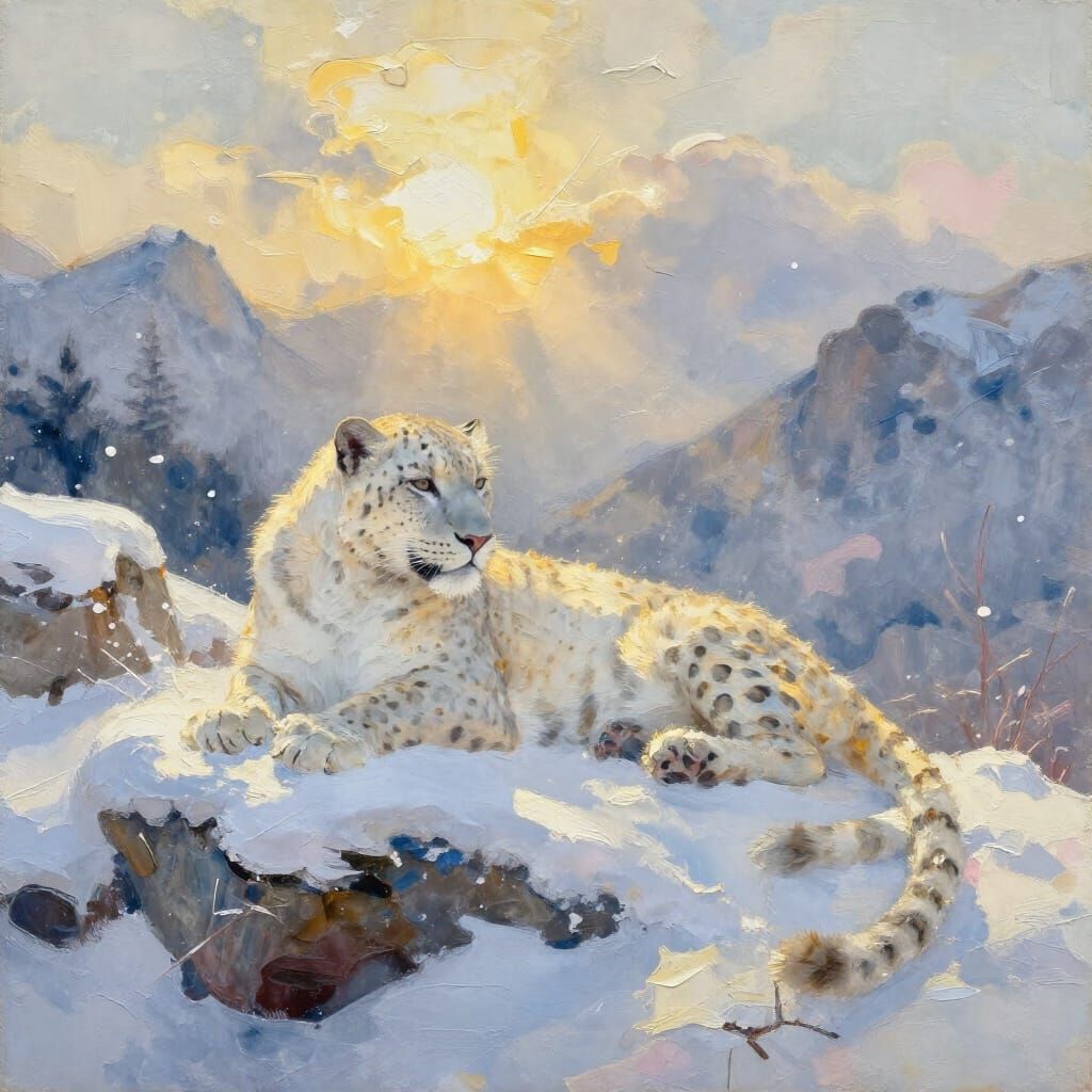 White Leopard in Surreal Snowy Landscape with Golden Light