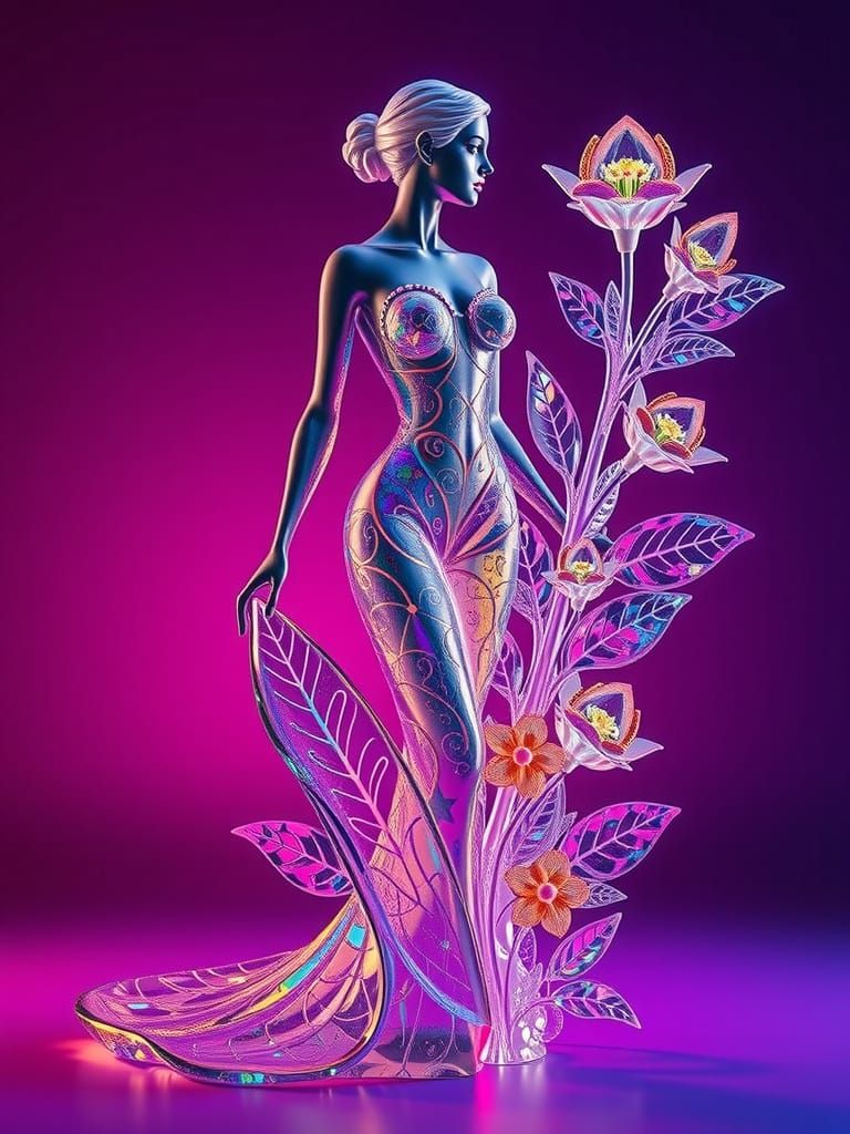 Luxurious Transparent Woman Statuette with Glass Bouquet
