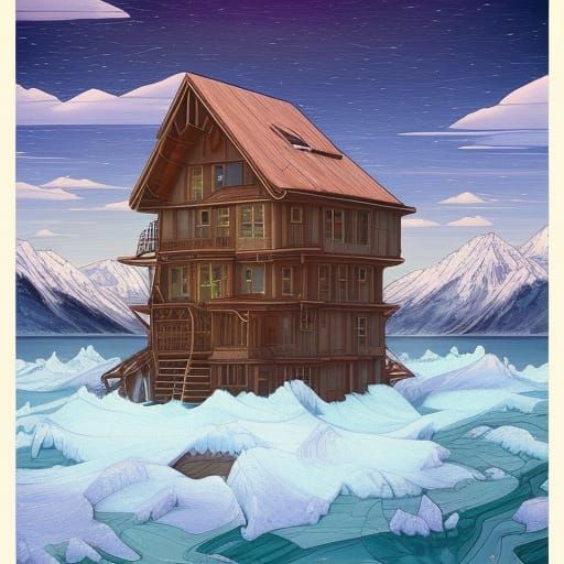 Floating Cabin by Waterfall: Cosmic Digital Art