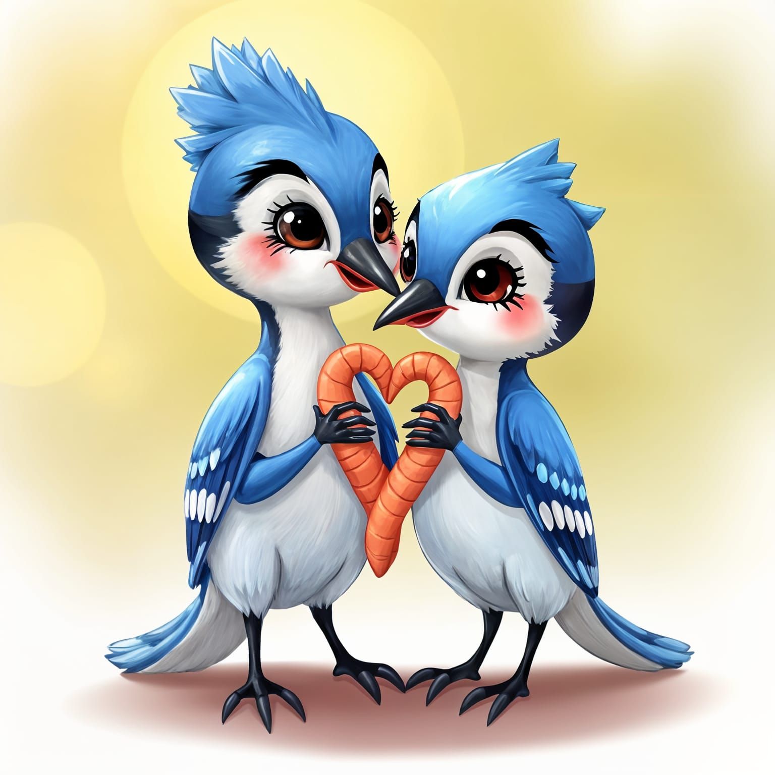 Whimsical Cartoon Bluejays Share Heart Shaped Worm