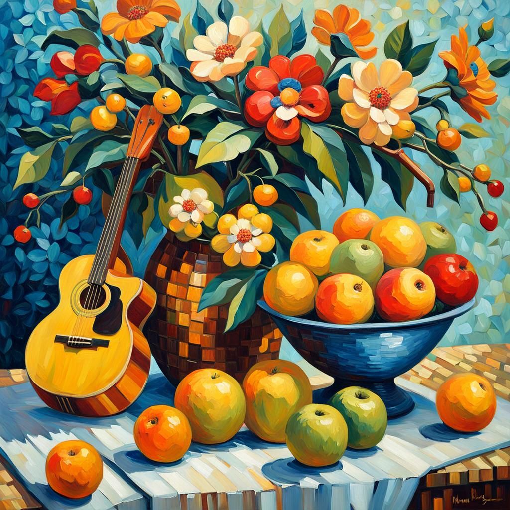 Expressionist Still Life with Flowers and Instruments
