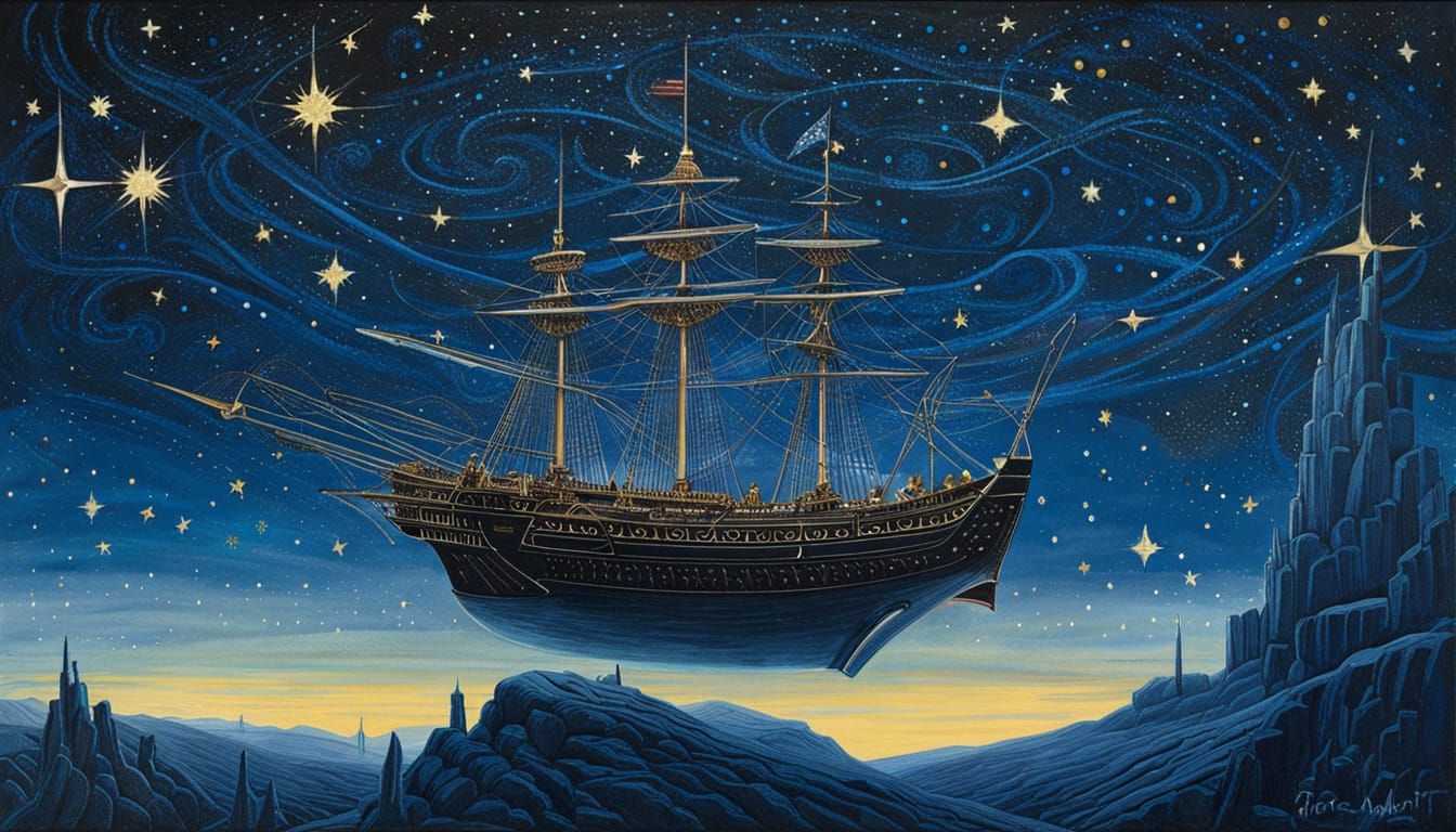 Steampunk Vessel Soars Through Starry Sky